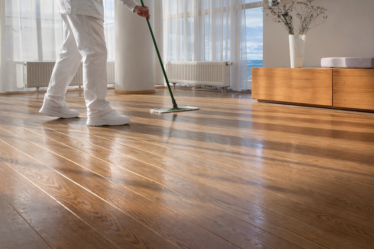 Application d’huile protectrice sur parquet en bois